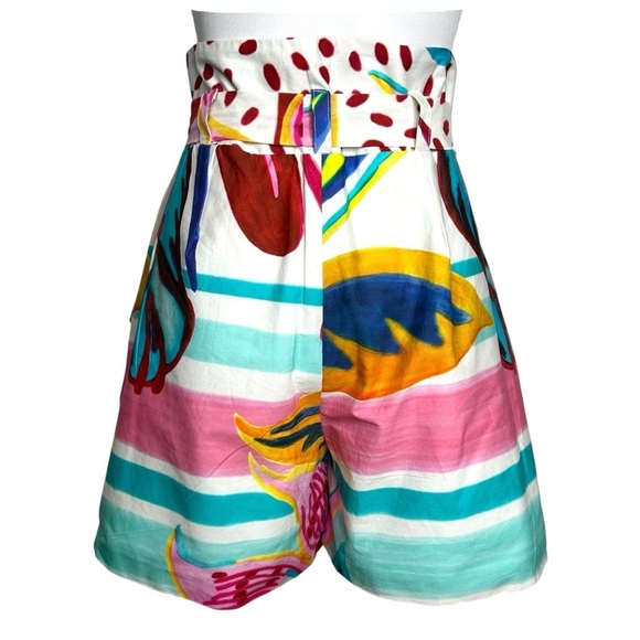 PatBo Floral High Waist Short White Blue Pink Watercolor Boho Cotton - Picture 5 of 9